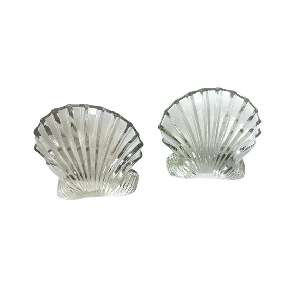 Vintage Blenko Art Glass Clear Scallop Clam Shell Bookends- Set of 2 - Picture 6 of 8